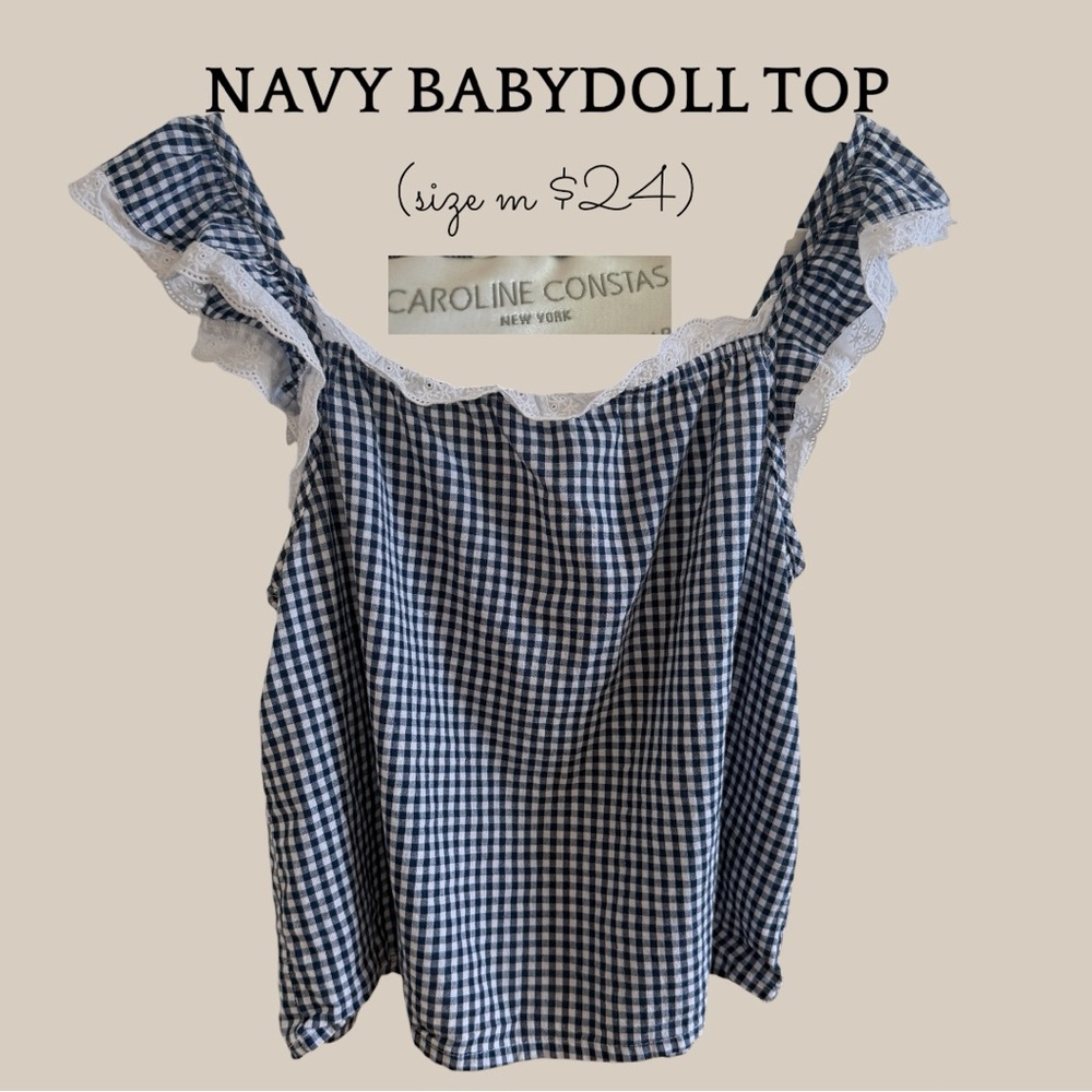 Caroline Constas Navy Gingham Ruffle-Trim Babydoll Top